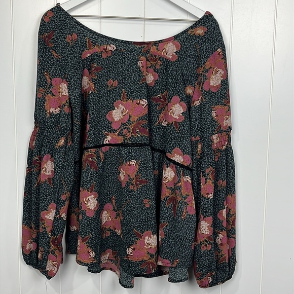 Boho Womens Top Green/Mauve Floral Print Balloon Sleeves Crochet Tiers Pullover - Picture 9 of 12